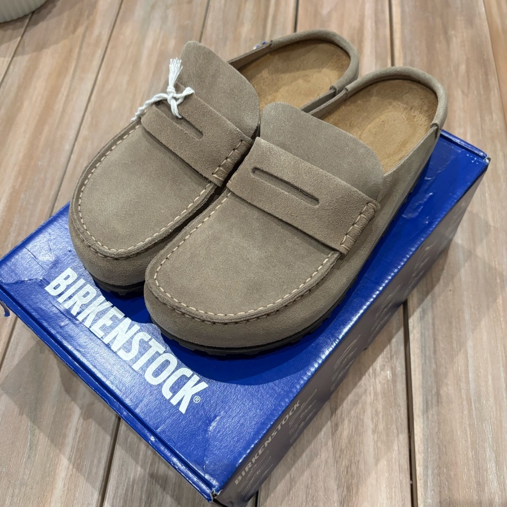Birkenstock Boston Taupe Suede Wrapped Naples, 38N, 7-7.5 US, Brand New With Box